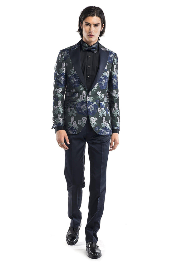 Contrast Peak Lapel All Over Floral Tuxedo - Navy Green