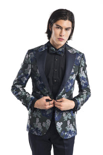 Contrast Peak Lapel All Over Floral Tuxedo - Navy Green