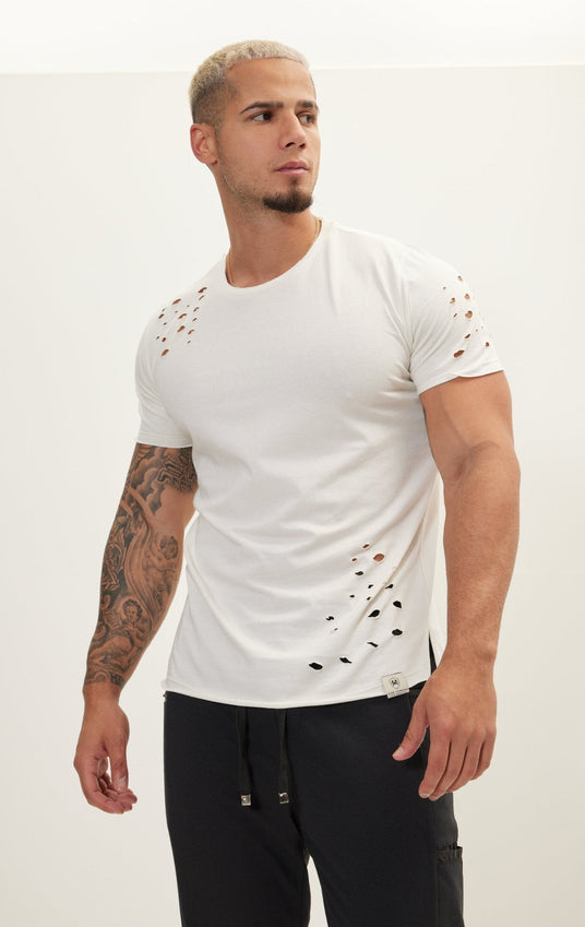 Crew Neck Short Sleeve Ripped T-Shirt - Off White