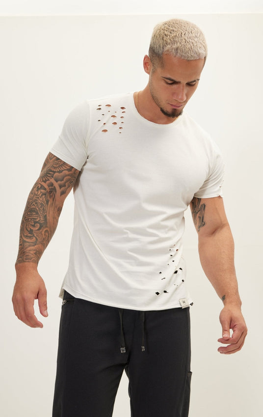 Crew Neck Short Sleeve Ripped T-Shirt - Off White