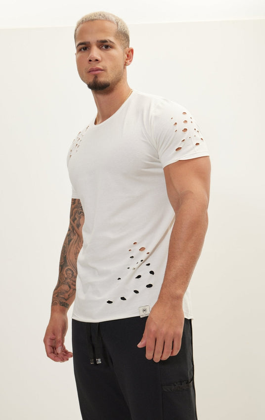 Crew Neck Short Sleeve Ripped T-Shirt - Off White