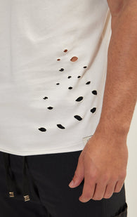 Crew Neck Short Sleeve Ripped T-Shirt - Off White