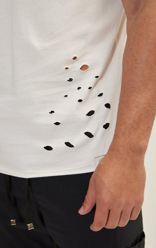 Crew Neck Short Sleeve Ripped T-Shirt - Off White