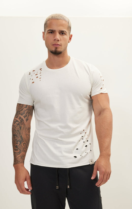 Crew Neck Short Sleeve Ripped T-Shirt - Off White