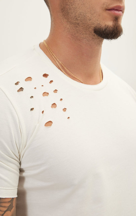 Crew Neck Short Sleeve Ripped T-Shirt - Off White