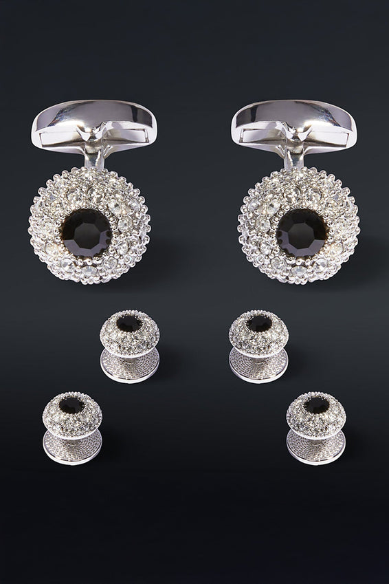 Crystal Encrusted Dark Stone Cufflinks Stud Set Silver Black