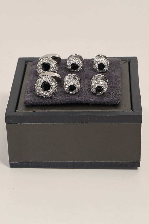 Crystal Encrusted Dark Stone Cufflinks Stud Set Silver Black