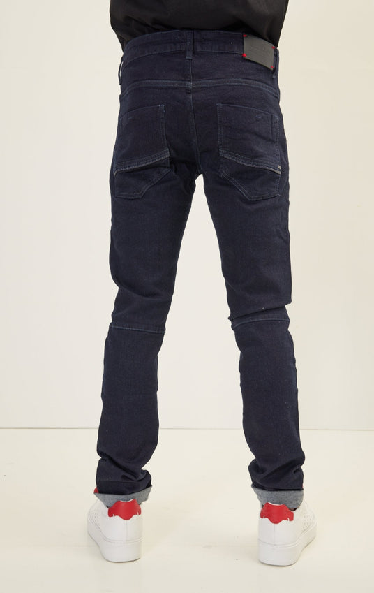 Cuff Detail Inner Red Stripe Denim - Navy
