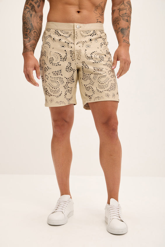Cut-out Fitted Leather Shorts - Beige
