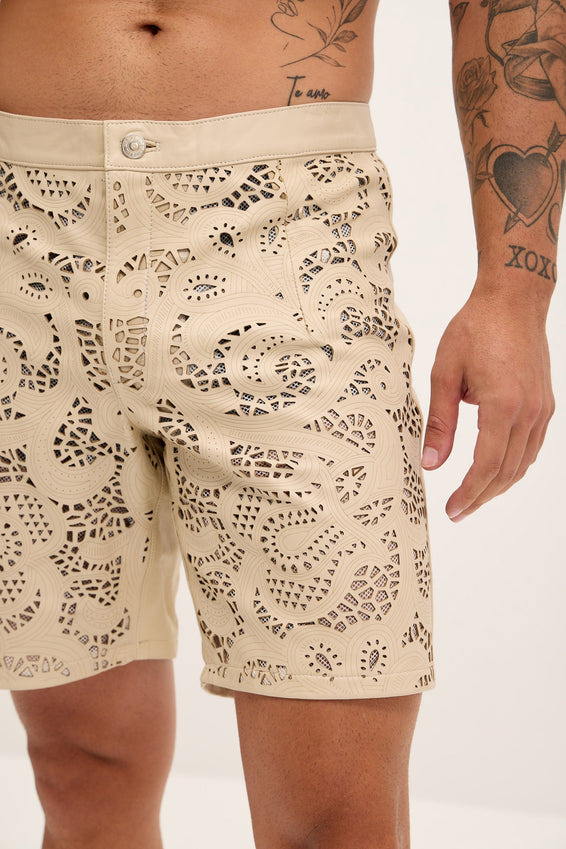 Cut-out Fitted Leather Shorts - Beige