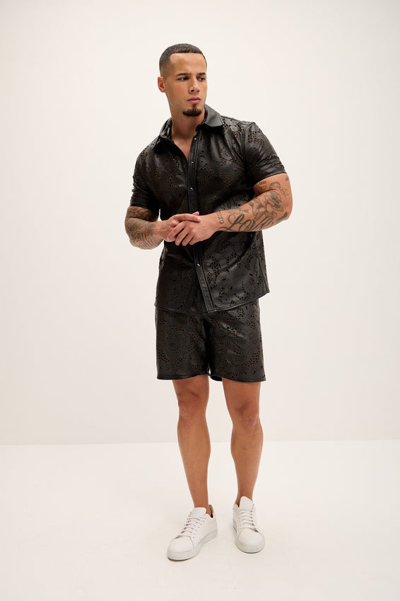 Cut-out Fitted Leather Shorts - Black