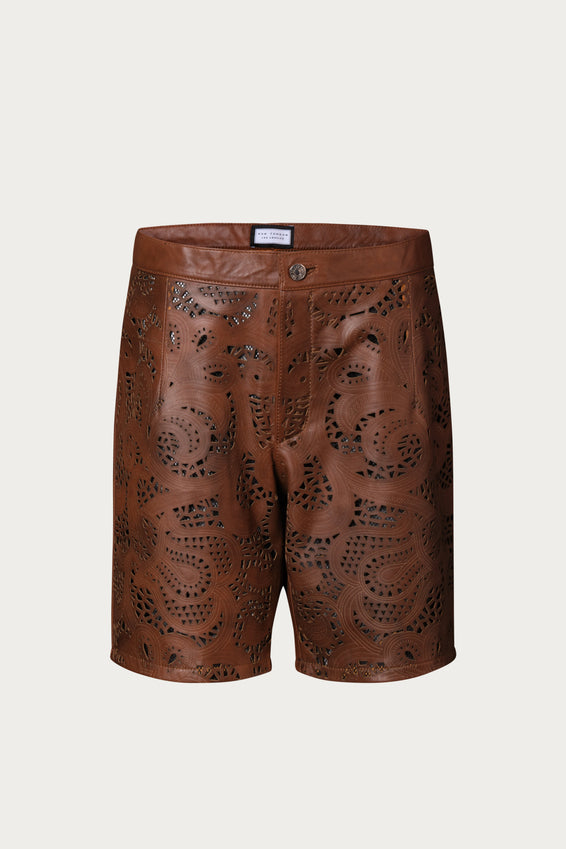 Cut-out Fitted Leather Shorts - Brown