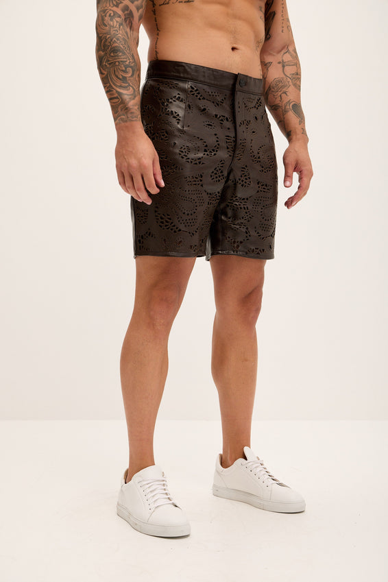 Cut-out Fitted Leather Shorts - Dark Brown