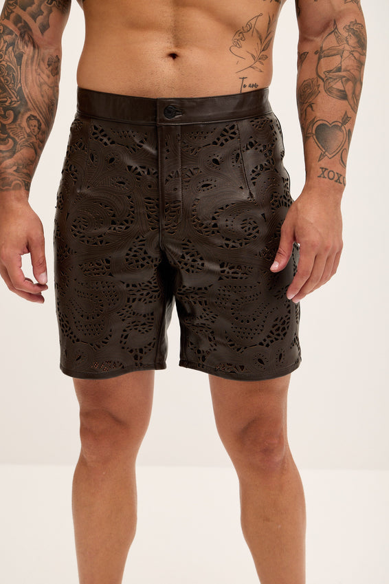 Cut-out Fitted Leather Shorts - Dark Brown