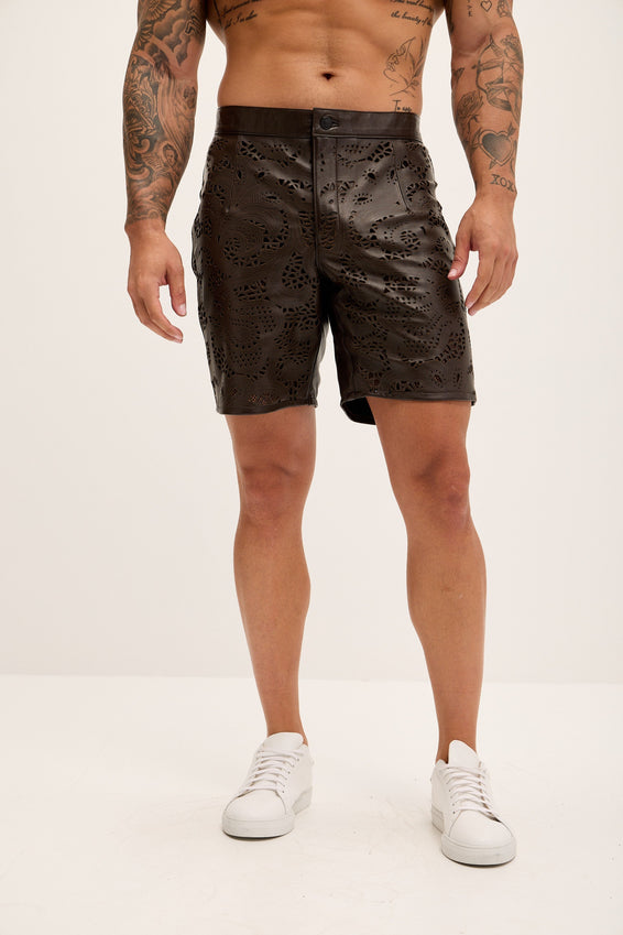 Cut-out Fitted Leather Shorts - Dark Brown