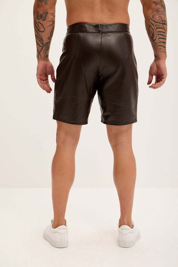 Cut-out Fitted Leather Shorts - Dark Brown