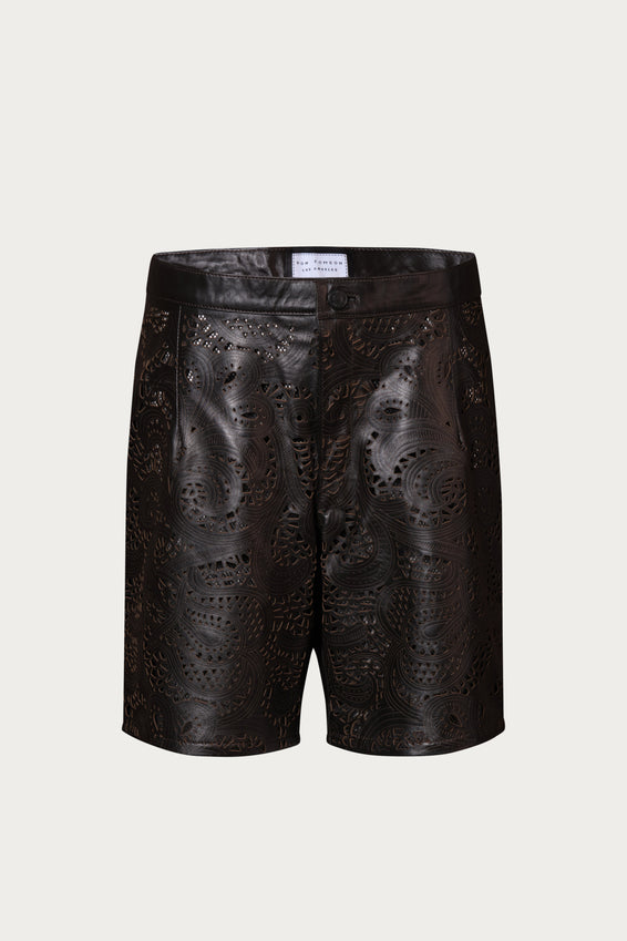 Cut-out Fitted Leather Shorts - Dark Brown