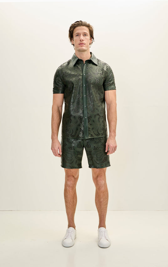 Cut-out Laser Leather Shirt - Green