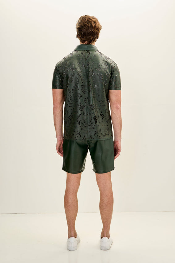 Cut-out Fitted Leather Shorts - Green