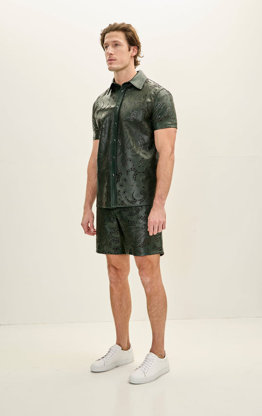 Cut-out Fitted Leather Shorts - Green