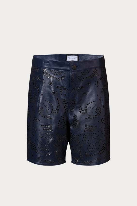 Cut-out Fitted Leather Shorts - Navy