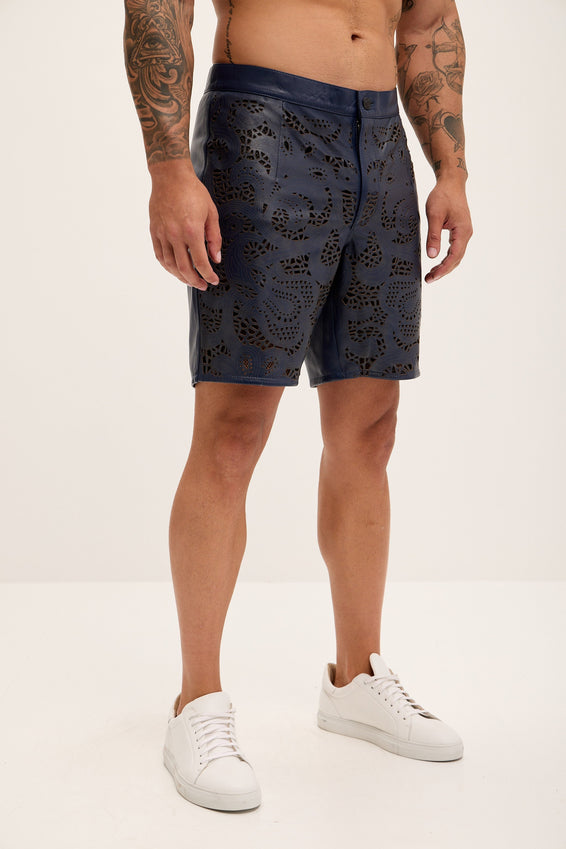 Cut-out Fitted Leather Shorts - Navy