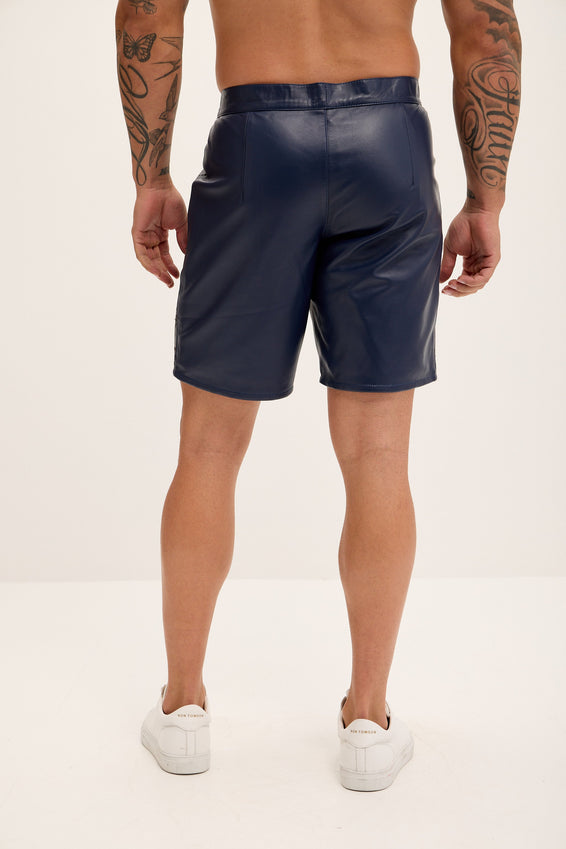Cut-out Fitted Leather Shorts - Navy