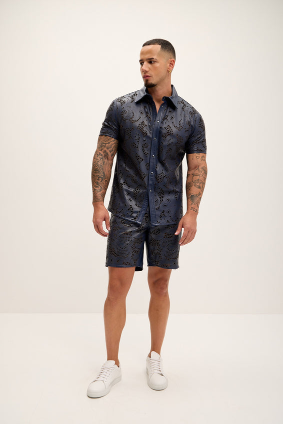 Cut-out Fitted Leather Shorts - Navy
