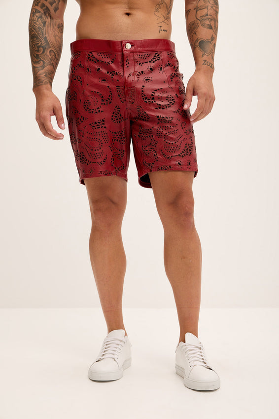 Cut-out Fitted Leather Shorts - Red