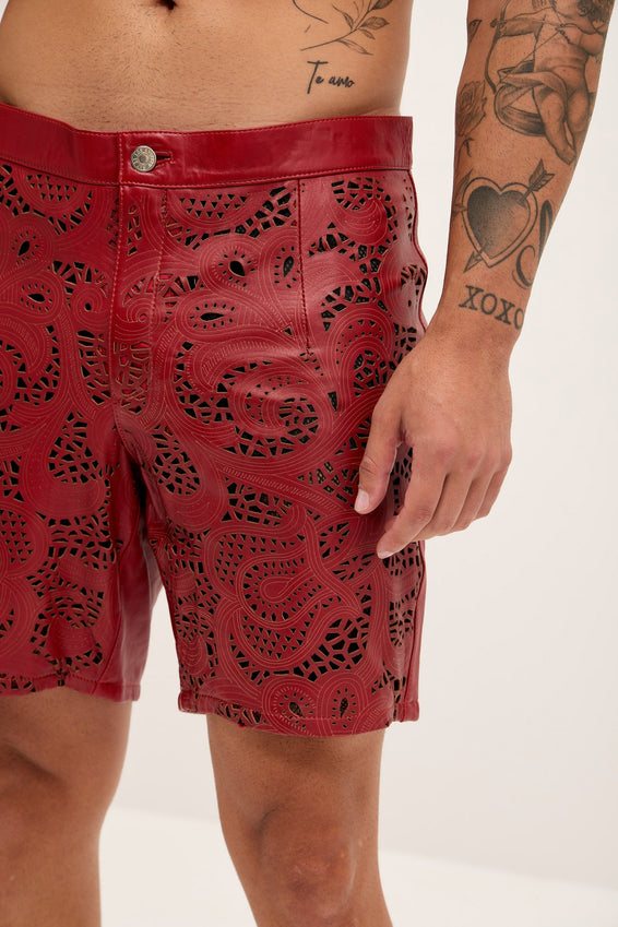 Cut-out Fitted Leather Shorts - Red
