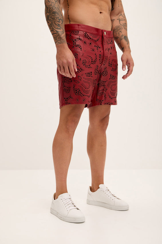 Cut-out Fitted Leather Shorts - Red