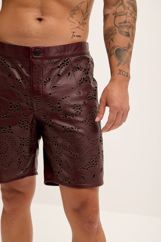 Cut-out Fitted Leather Shorts - Wine