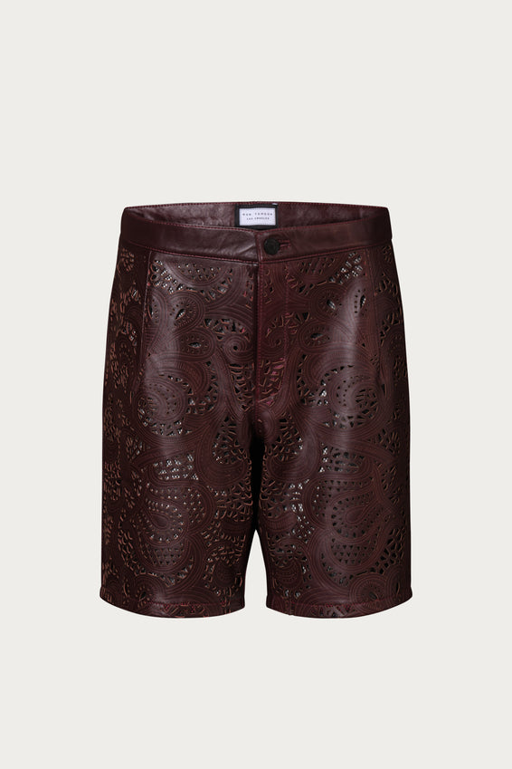 Cut-out Fitted Leather Shorts - Wine