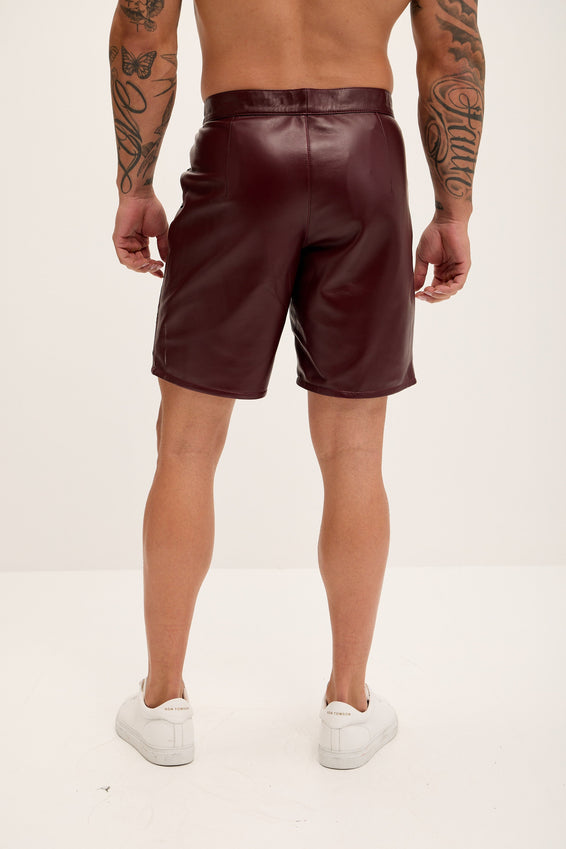 Cut-out Fitted Leather Shorts - Wine