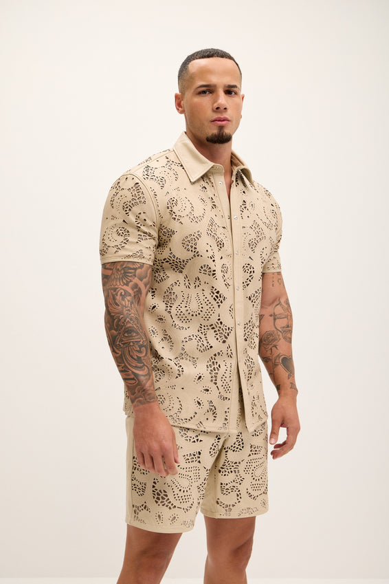 Cut-out Laser Leather Shirt - Beige