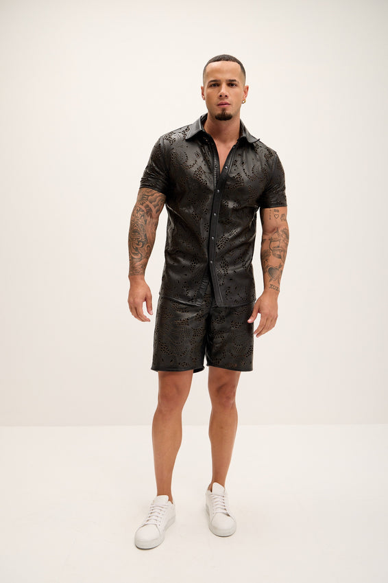 Cut-out Laser Leather Shirt - Black