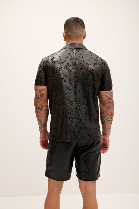 Cut-out Laser Leather Shirt - Black
