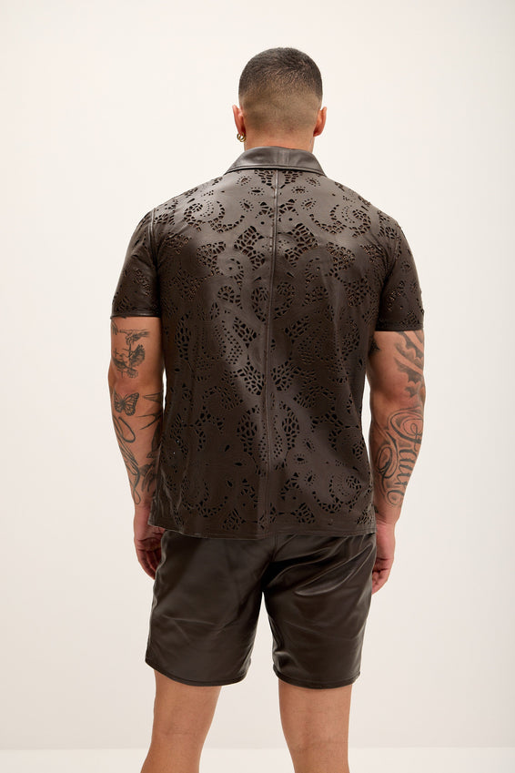 Cut-out Laser Leather Shirt - Dark Brown