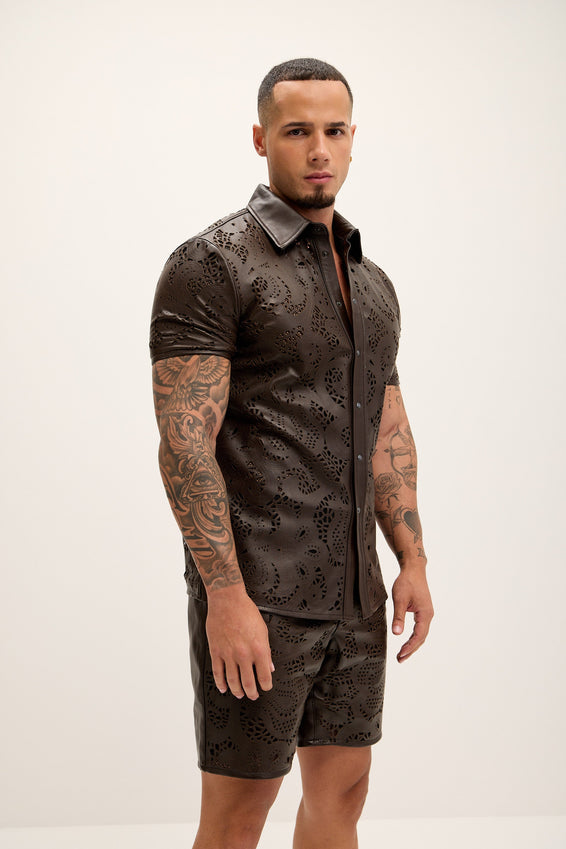 Cut-out Laser Leather Shirt - Dark Brown