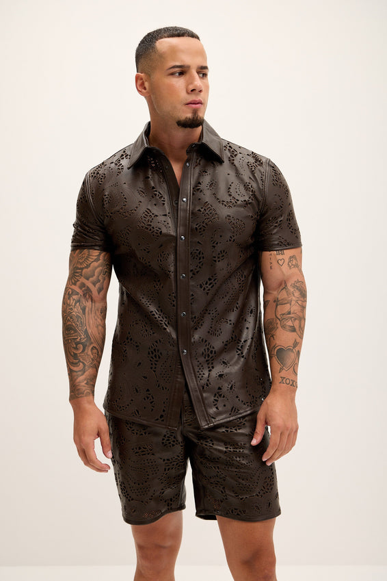 Cut-out Laser Leather Shirt - Dark Brown