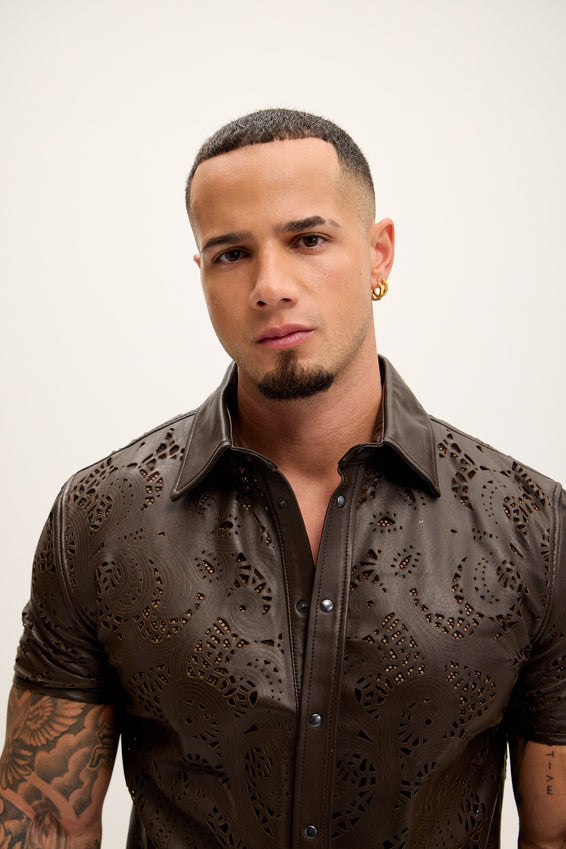 Cut-out Laser Leather Shirt - Dark Brown