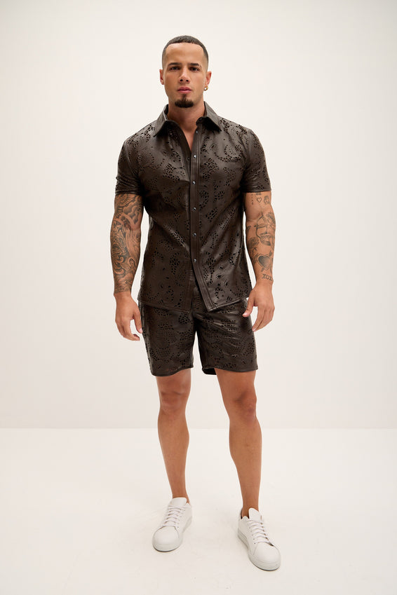 Cut-out Laser Leather Shirt - Dark Brown