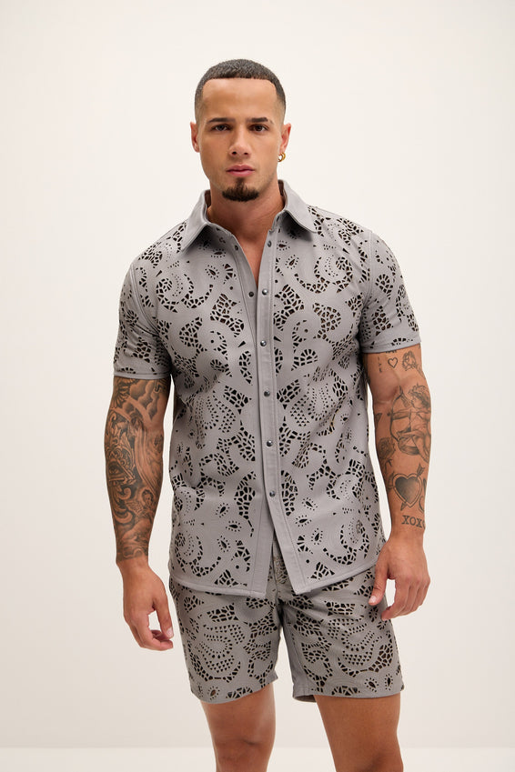 Cut-out Laser Leather Shirt - Grey