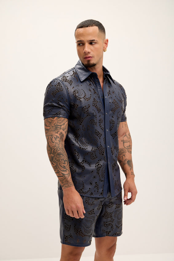 Cut-out Laser Leather Shirt - Navy