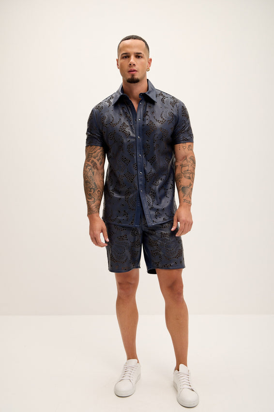 Cut-out Laser Leather Shirt - Navy