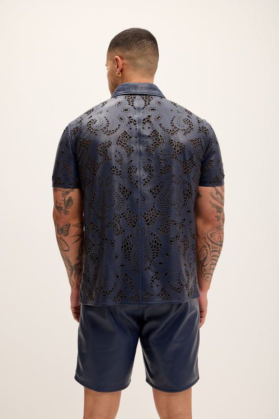 Cut-out Laser Leather Shirt - Navy