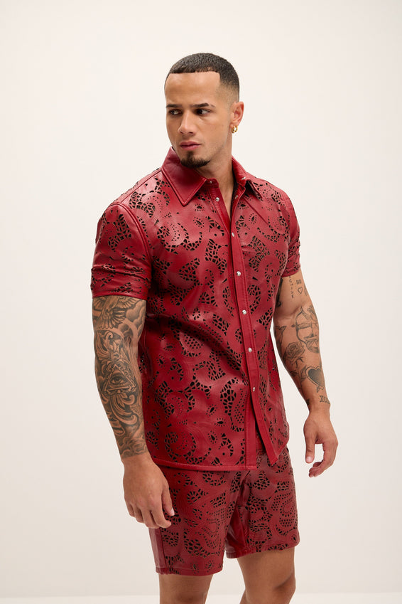 Cut-out Laser Leather Shirt - Red