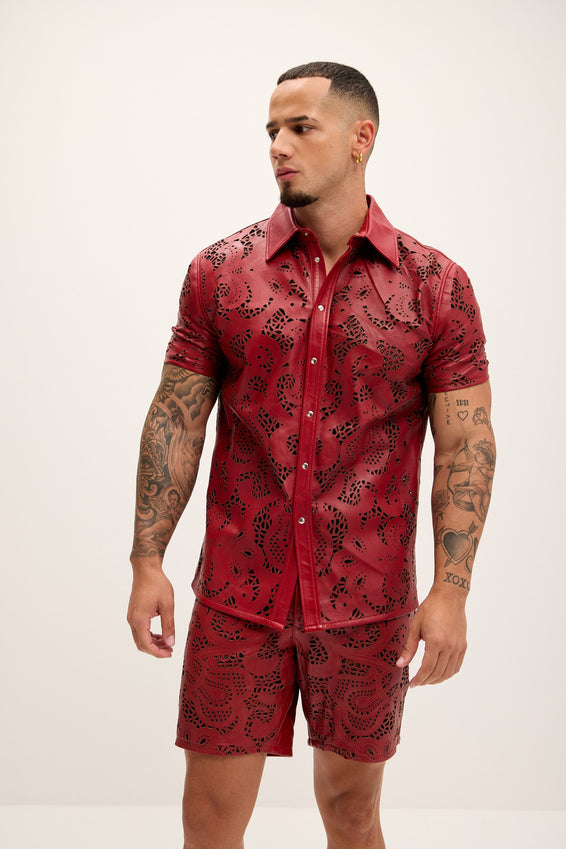 Cut-out Laser Leather Shirt - Red