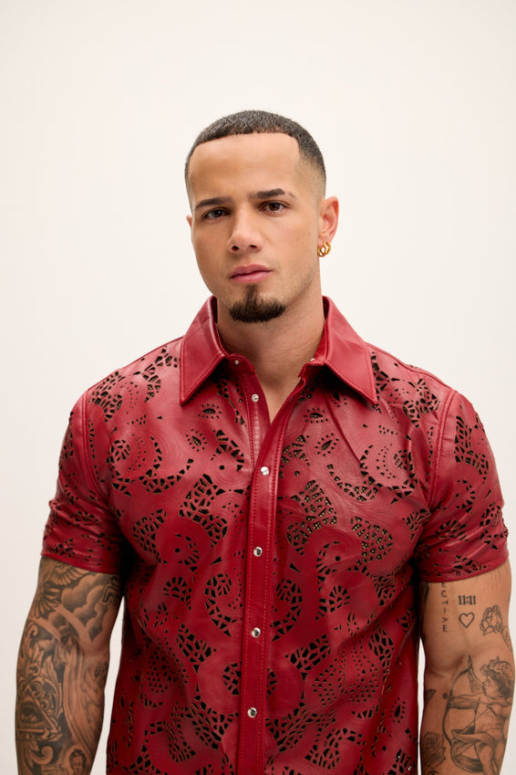 Cut-out Laser Leather Shirt - Red