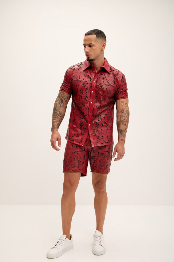 Cut-out Laser Leather Shirt - Red